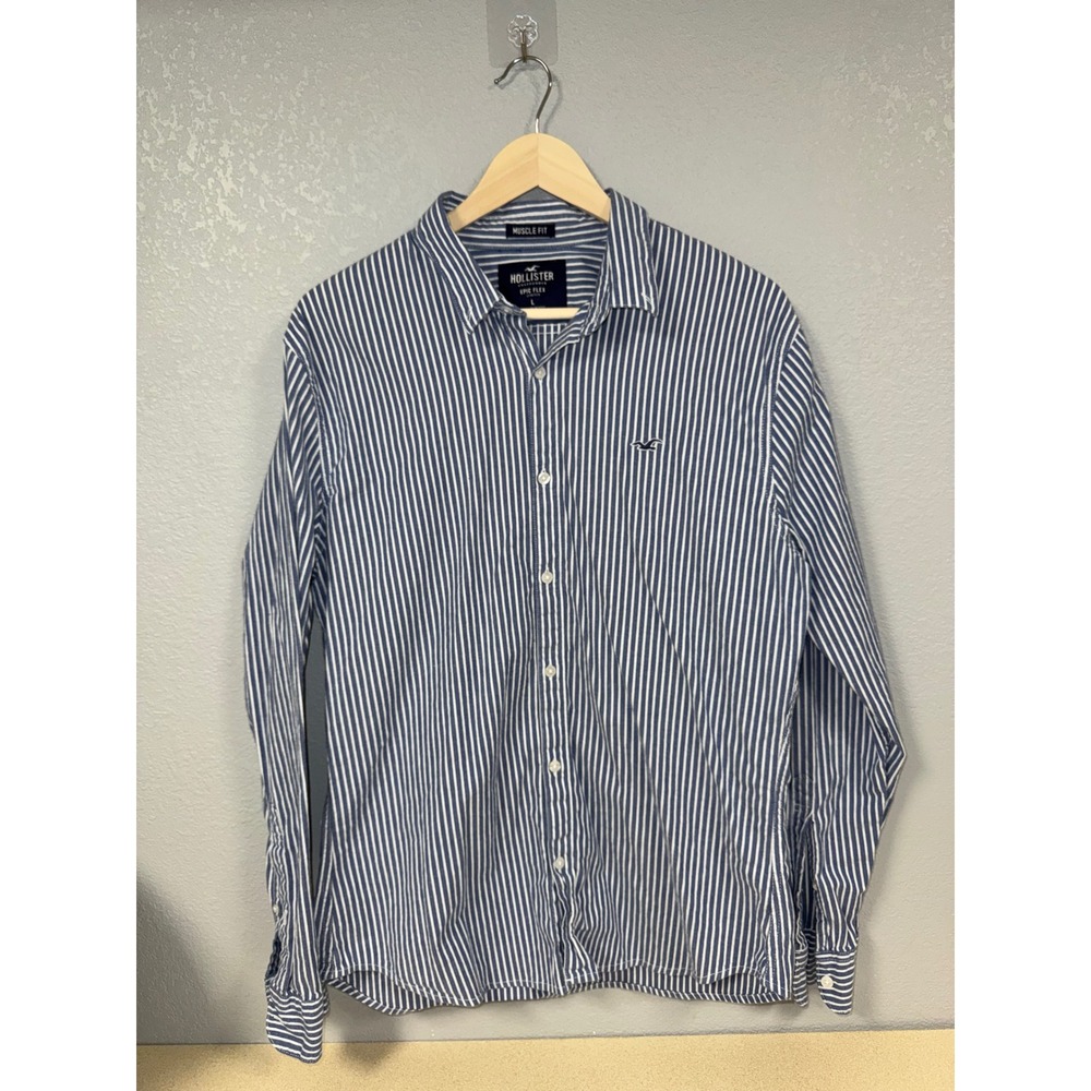 Hollister Mens Epic Flex Muscle Fit Striped Long Sleeve Button Down Shirt Blue L